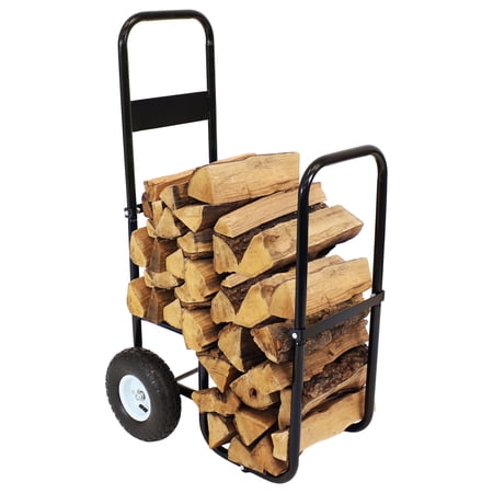 Sunnydaze Outdoor Steel Firewood Log Cart with Pneumatic Tires and PVC Protective Cover