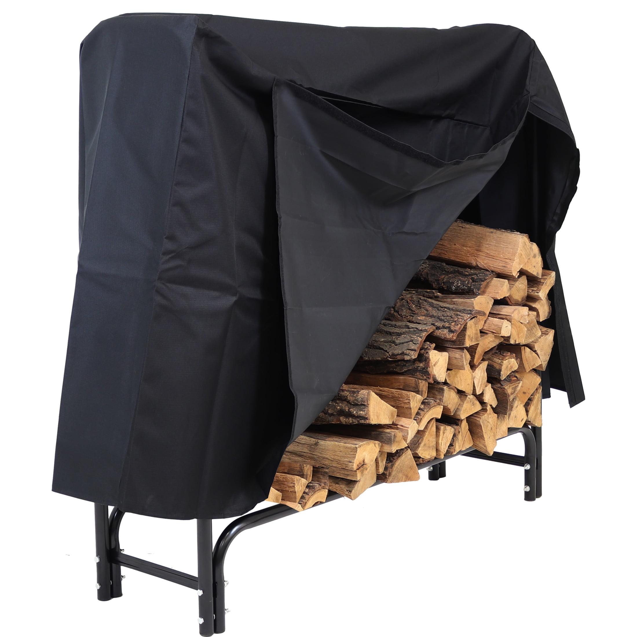 4-Foot Black Steel Firewood Log Rack with Weather-Resistant Cover