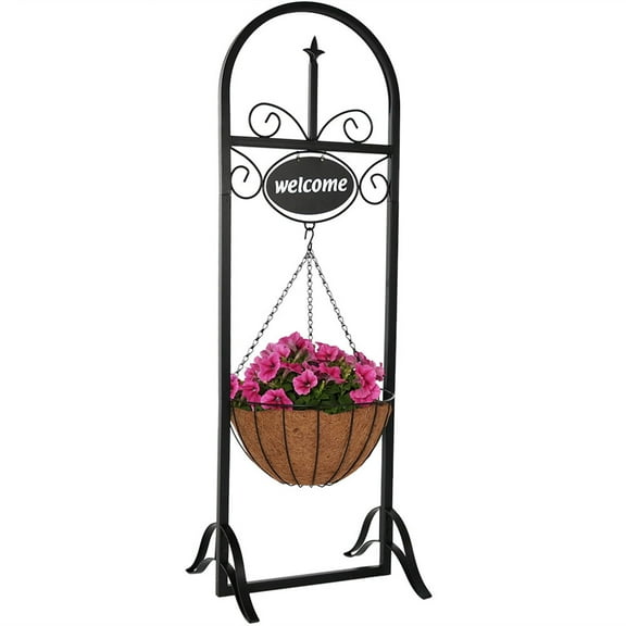 Sunnydaze 16" x 14" x 48" Metal Hanging Basket Planter with Welcome Sign