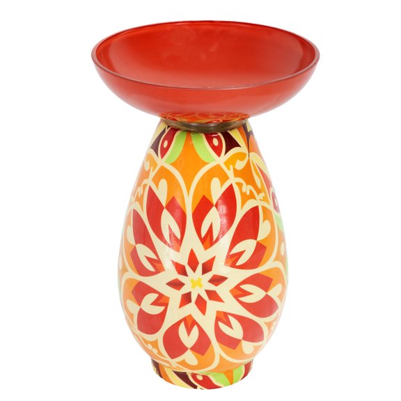 Sunnydaze Painted Glass Medallion Freestanding Outdoor Bird Bath - Orange