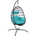 thumbnail image 1 of Sunnydaze Penelope Resin Wicker Egg Hanging Chair with Cushions and Stand, Turquoise, 1 of 7