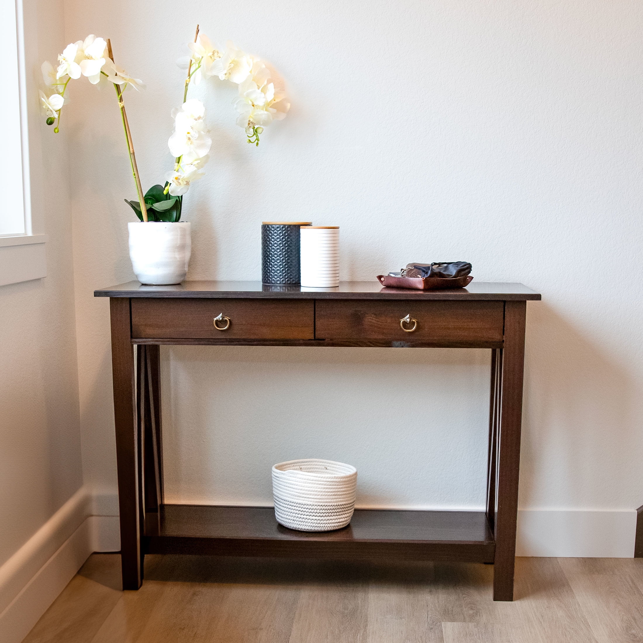 Sunnydaze Dark Brown Pine Wood Console Table with Drawers and Shelf