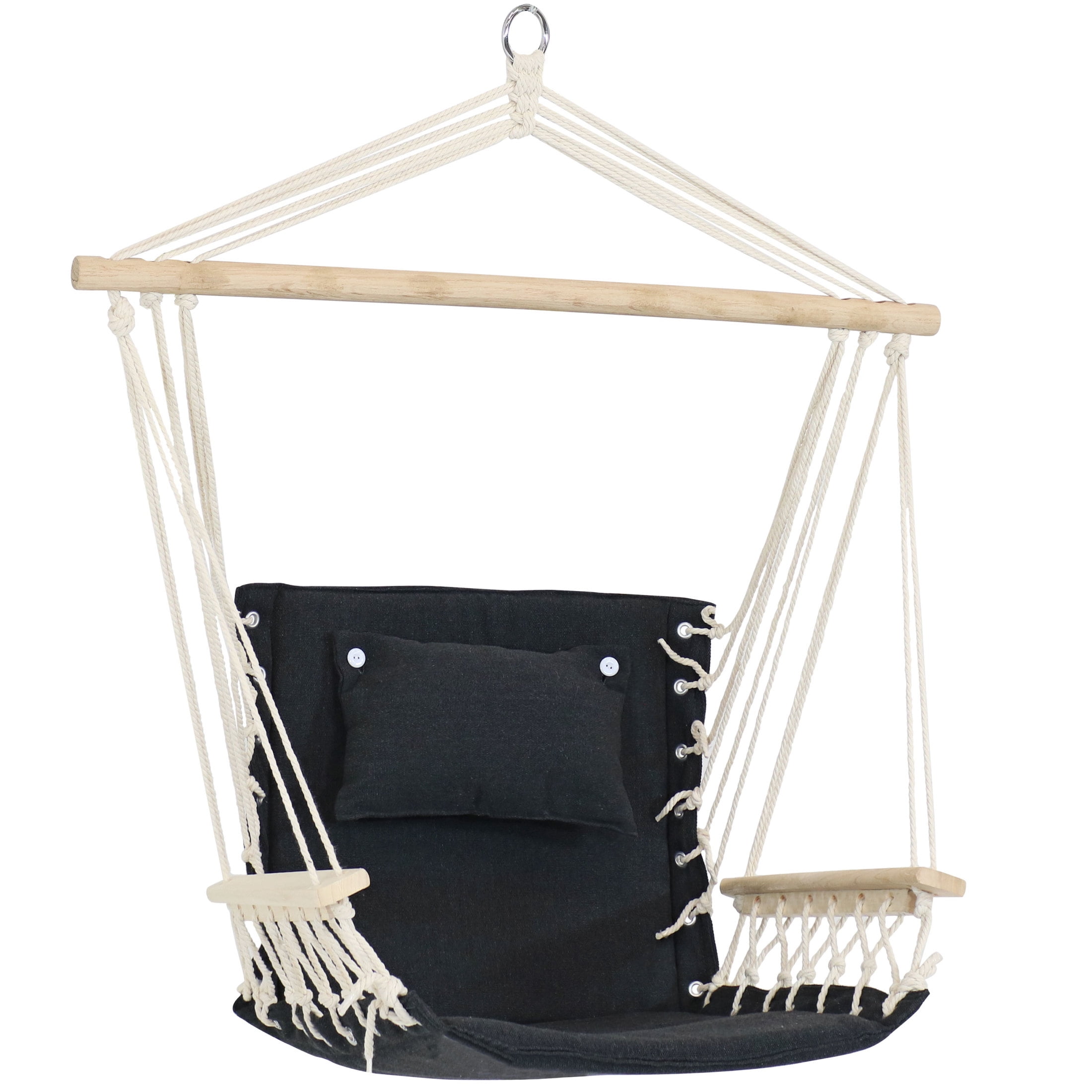 Black Polycotton Hanging Chair with Birch Spreader Bar and Cushions