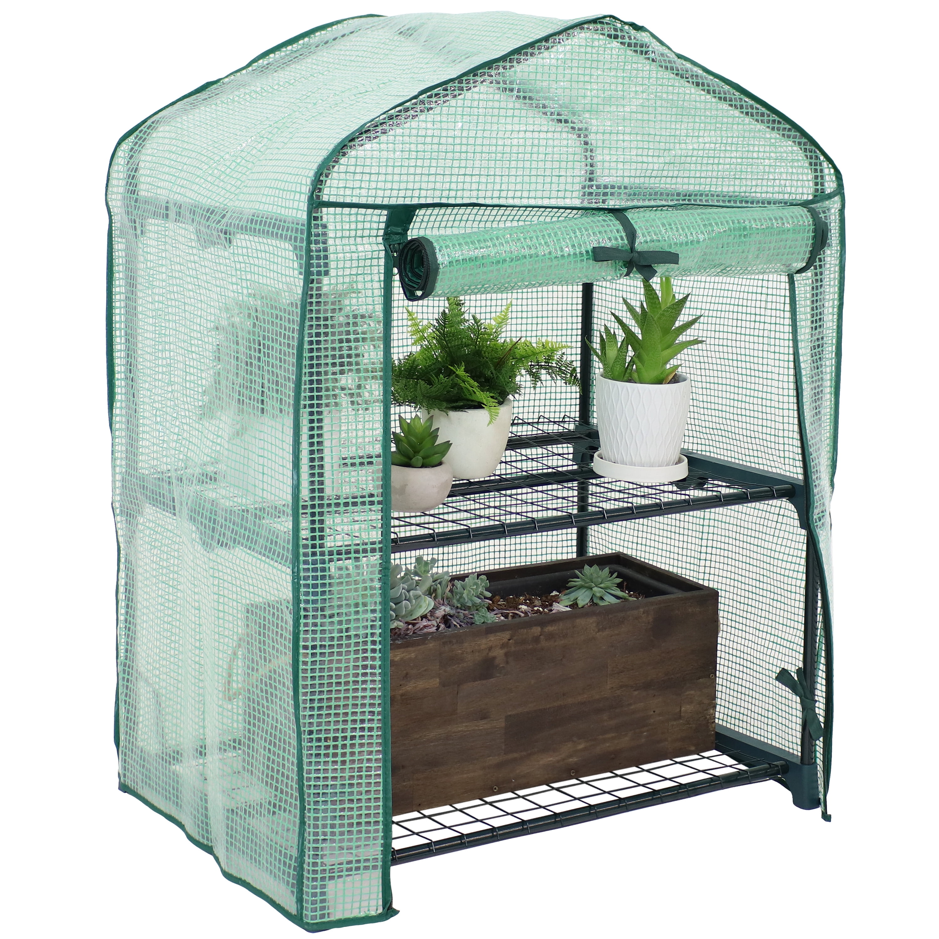 26.5" Green Polyethylene 2-Tier Mini Greenhouse with Shelves