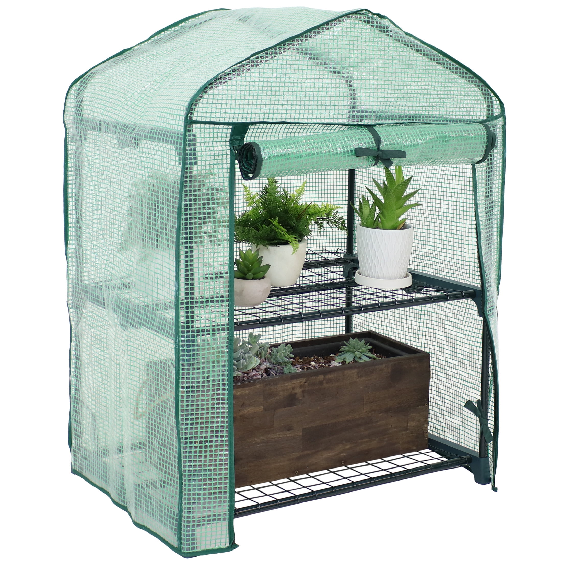 26.5" Green Polyethylene 2-Tier Mini Greenhouse with Shelves