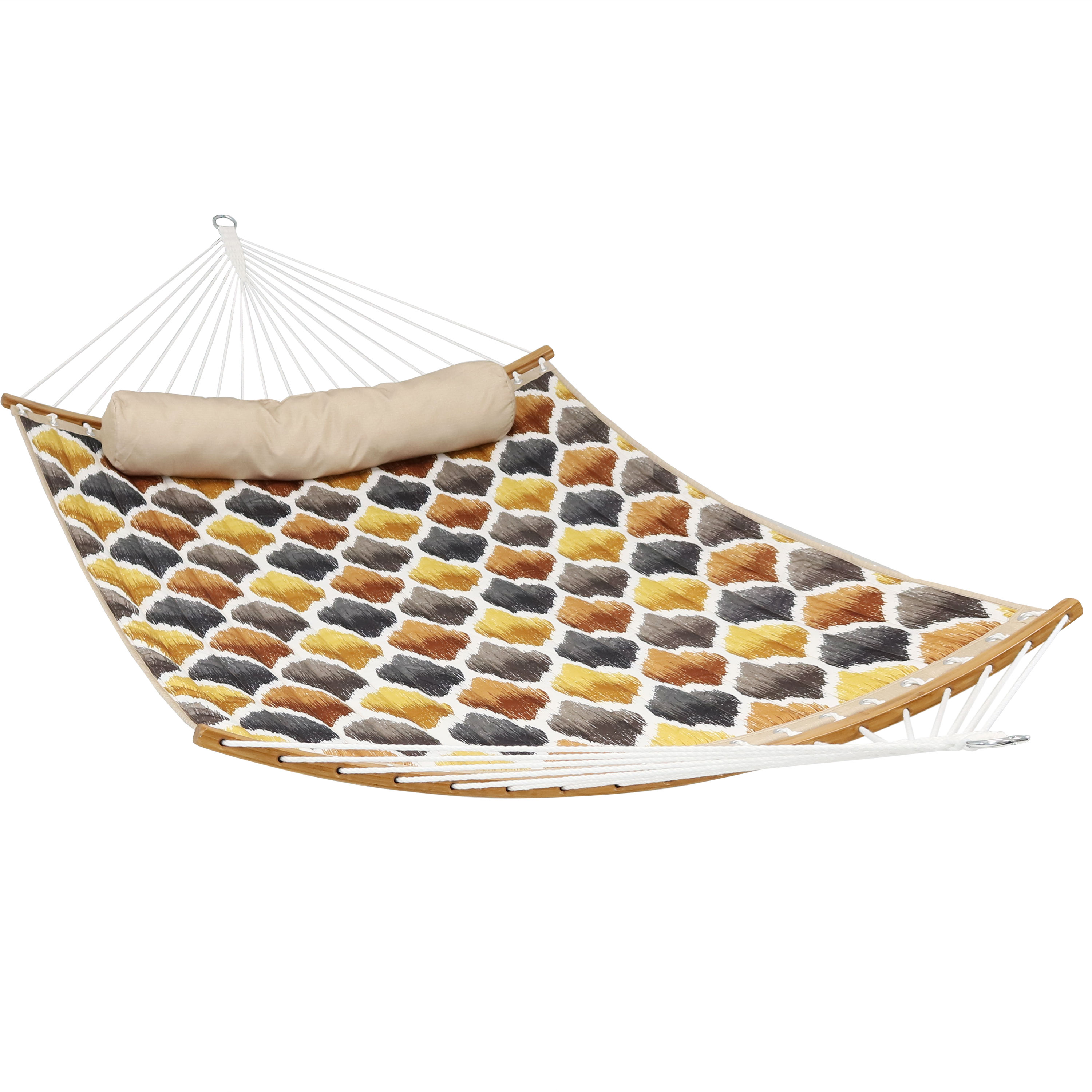 Sunnydaze Quilted 2-Person Hammock with Curved Bamboo Spreader Bars - Heavy-Duty 450-Pound Weight Capacity - Polyester Hammock - Gold and Bronze Quatrefoil - image 1 of 6