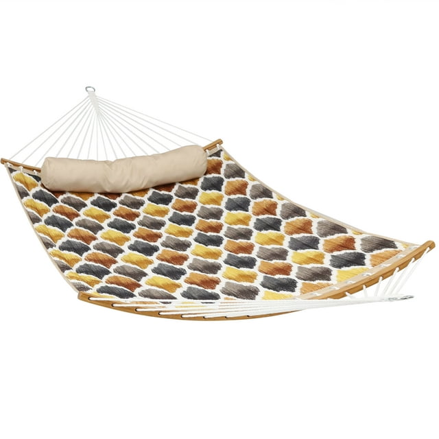 Sunnydaze Quilted 2-Person Hammock with Curved Bamboo Spreader Bars - Heavy-Duty 450-Pound Weight Capacity - Polyester Hammock - Gold and Bronze Quatrefoil