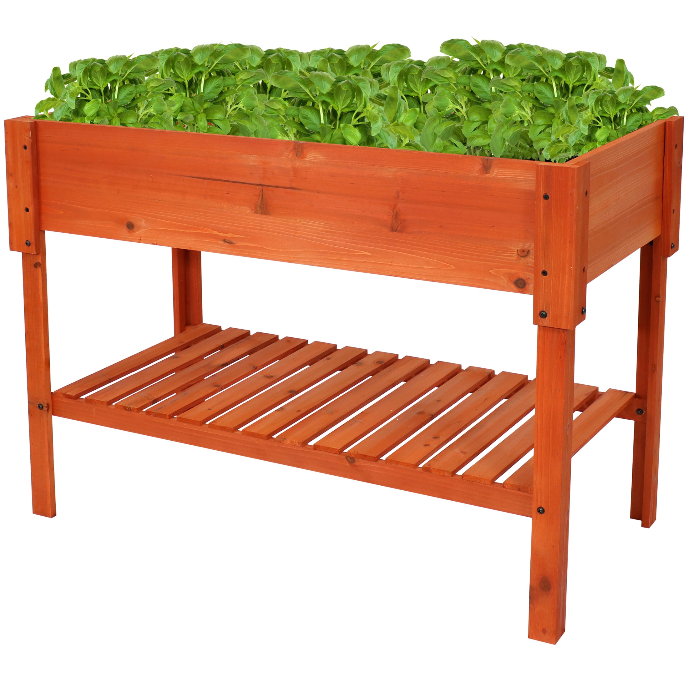Sunnydaze Stained Fir Wood Raised Garden Bed with Shelf