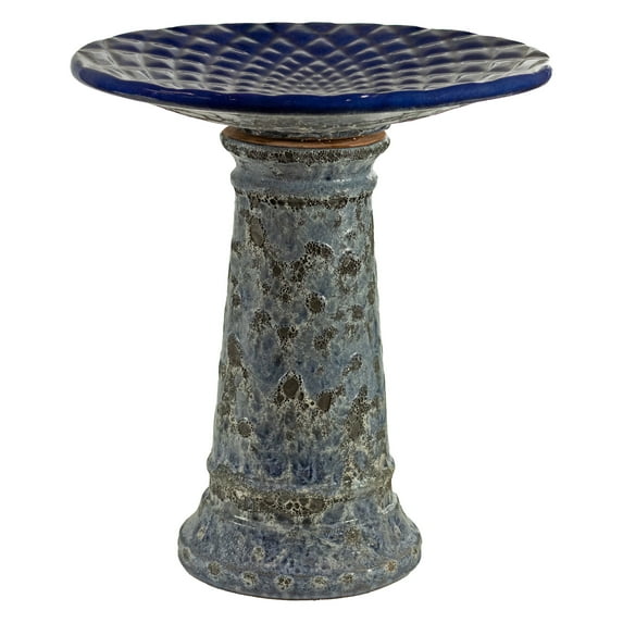 Sunnydaze Rennes Freestanding Ceramic Outdoor Bird Bath, UV-Resistant Blue Lava Finish