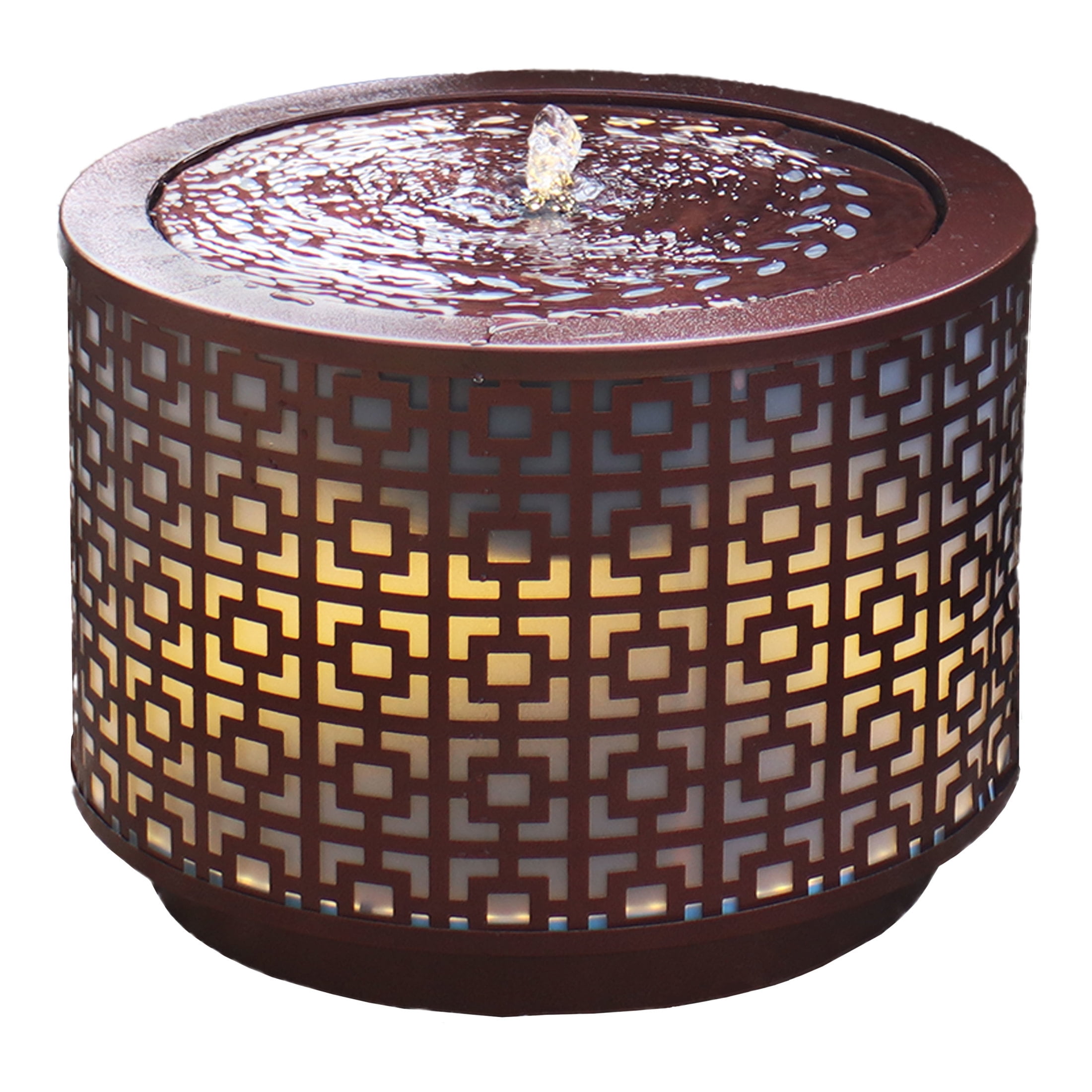 Brown Powder-Coated Iron Cylinder Water Fountain with LED Lights