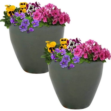 Sunnydaze Resort 10.25" x 10.25" x 10" Round Gray Ceramic Outdoor Planter 2-Count