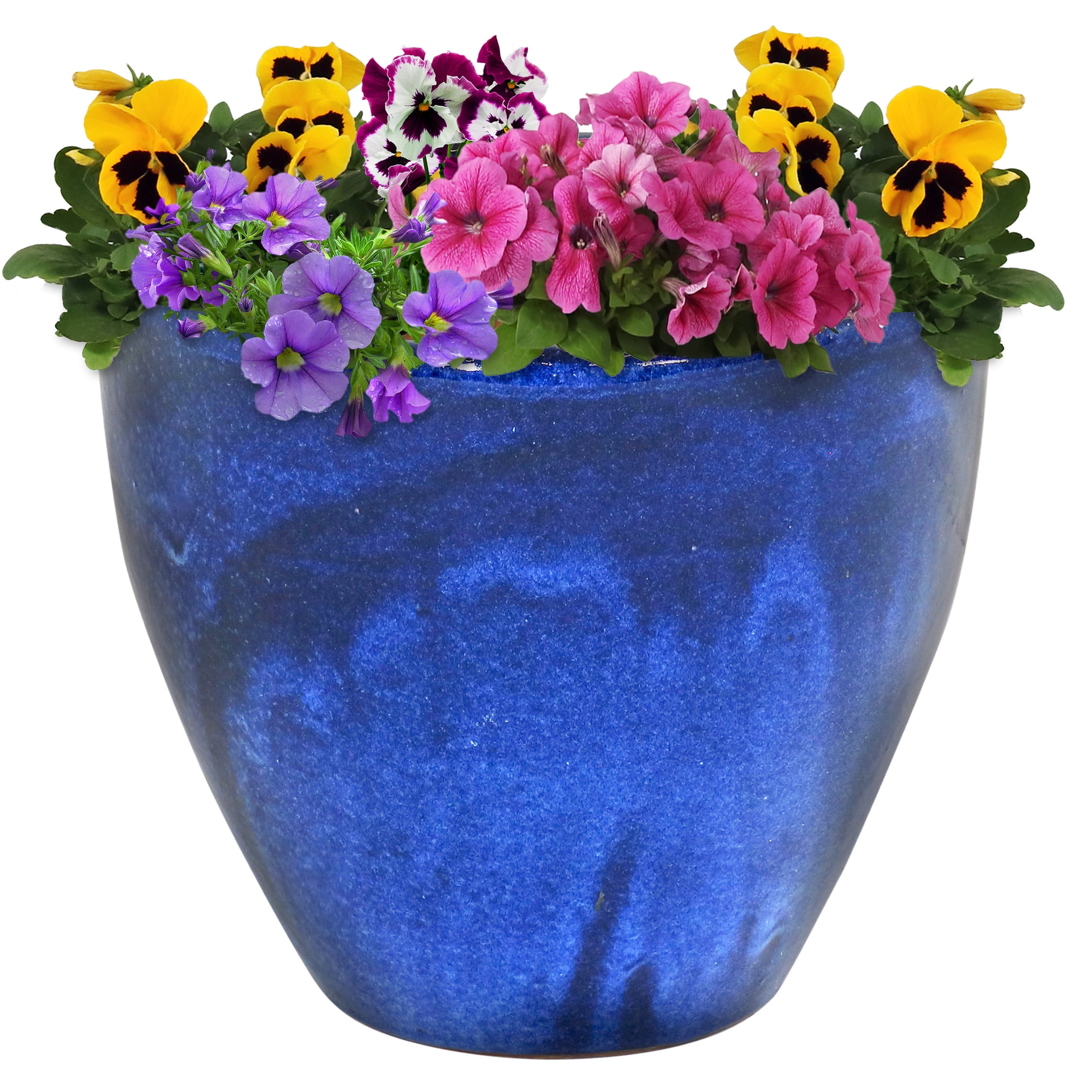Sunnydaze Resort 13.5" x 13.5" x 12" Round Imperial Blue Ceramic Outdoor Planter