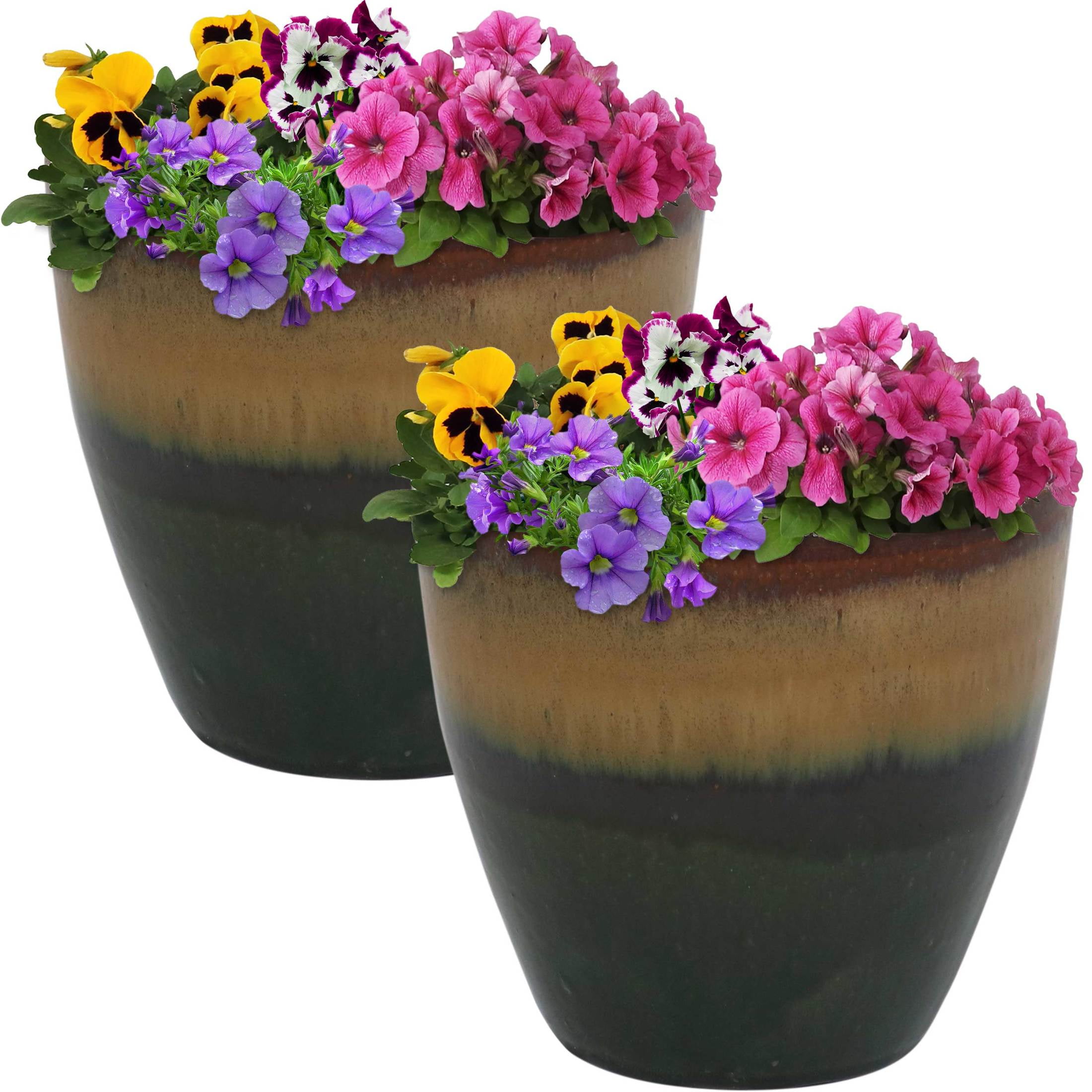 Forest Lake Green Glazed Ceramic Round Planters Set of 2