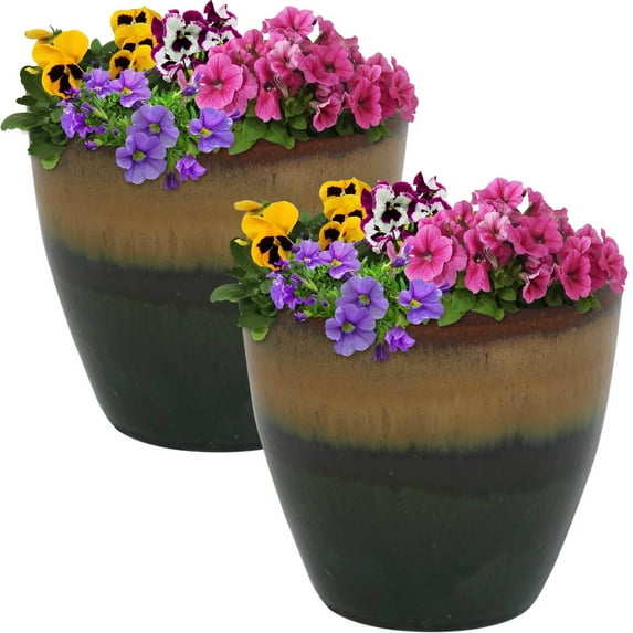 Sunnydaze Resort 8.5" x 8.5" x 8" Round Forest Lake Green Ceramic Outdoor Planter 2-Count