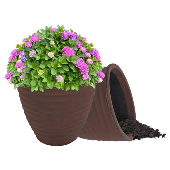 Sunnydaze Ribbed 13" x 13" x 11.25" Round Rust Polyresin Outdoor Planter Pot 2-Count