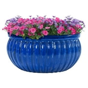 Sunnydaze Ribbed 14.5" Diameter x 7.25" H Round Dark Imperial Blue Ceramic Solid Plant Pot