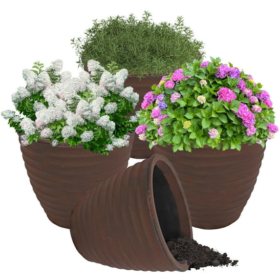 Sunnydaze Ribbed 16" x 16" x 14.25" Round Rust Polyresin Outdoor Planter Pot 4-Count