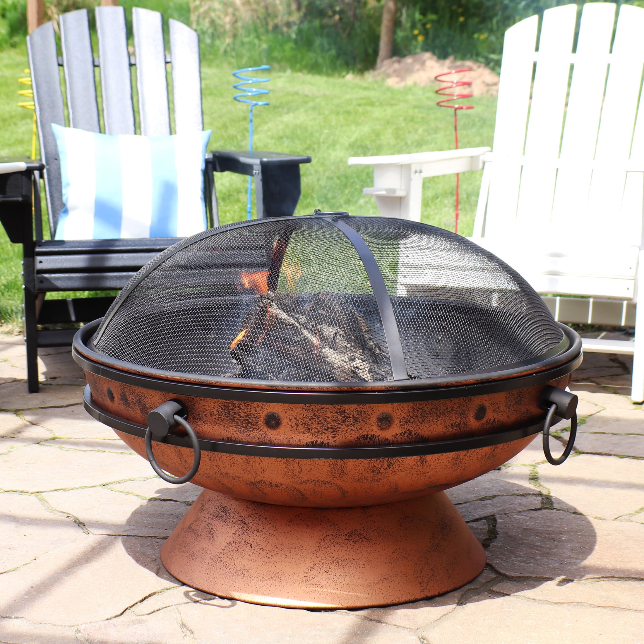 Copper Finish 30-Inch Round Wood-Burning Fire Pit with Handles