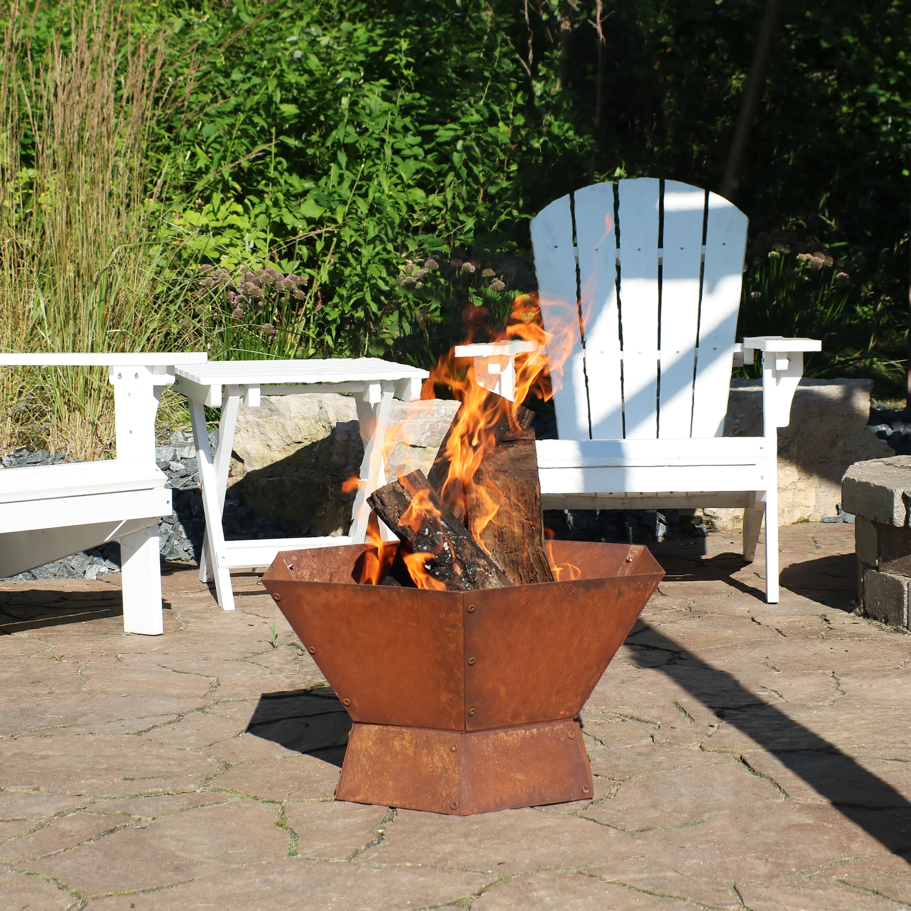 Rustic Hexagon Steel Wood-Burning Fire Pit Table in Oxidized Orange