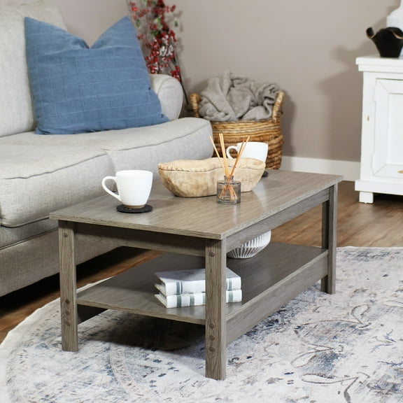 Sunnydaze Rustic Rectangular Wood Coffee Table with Shelf, Thunder Gray