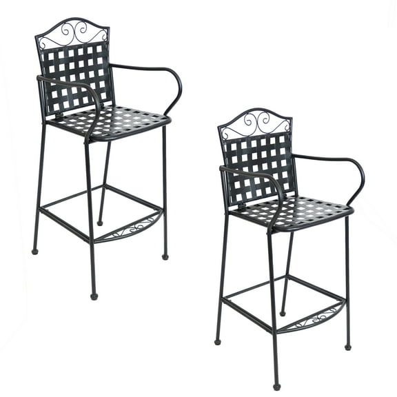 Sunnydaze Scrolled Design Wrought Iron Outdoor Bar Stools - Set of 2, Black