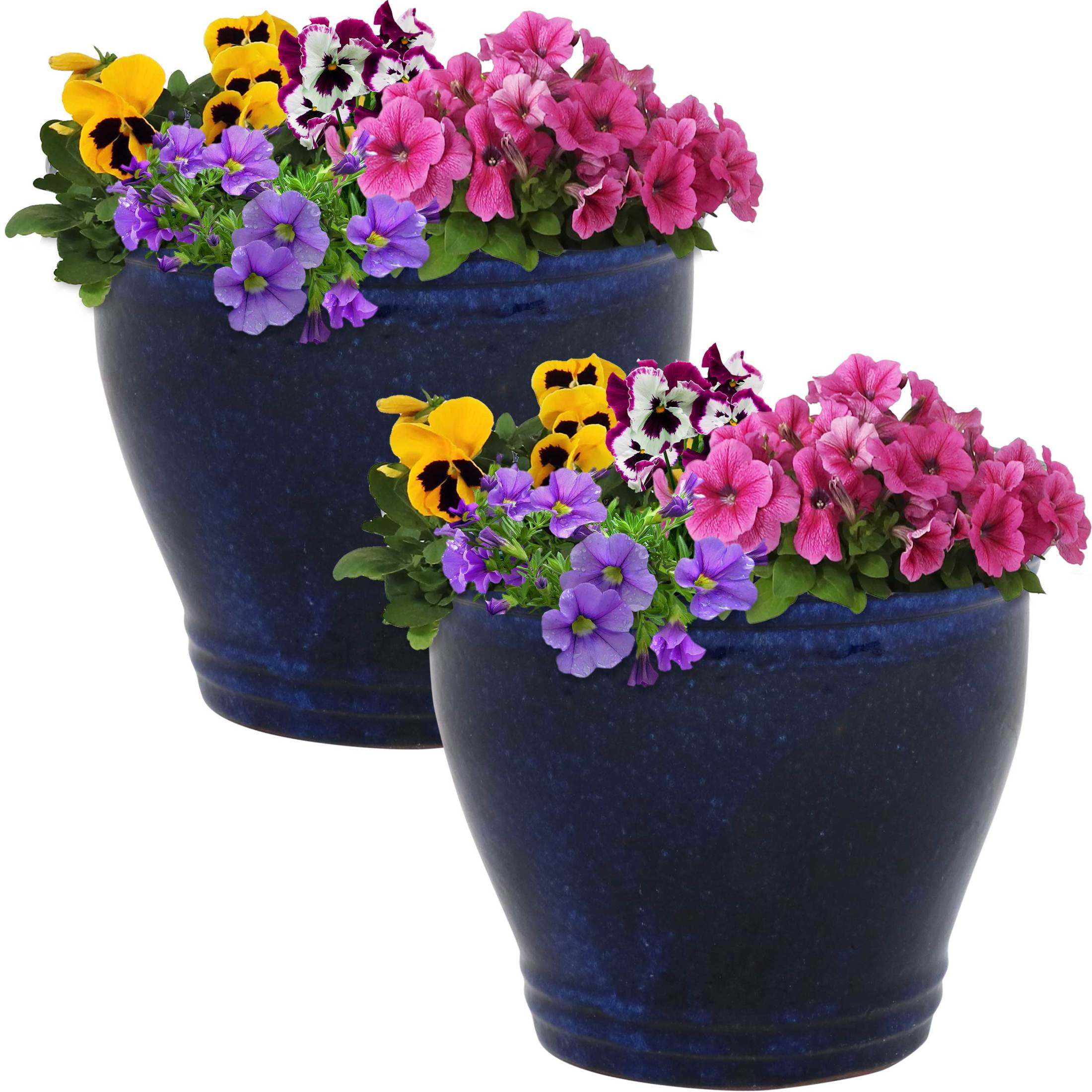 Imperial Blue Medium Ceramic Indoor/Outdoor Planter Set with Drainage Holes