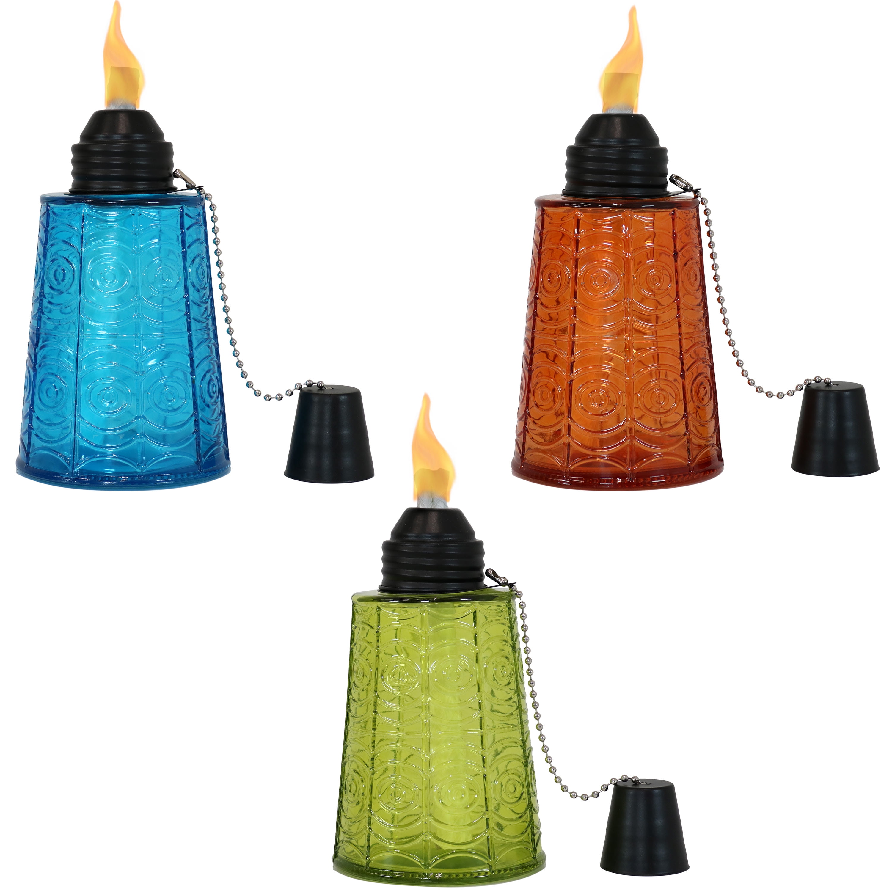 Multicolor Glass Tabletop Torches with Fiberglass Wicks - Set of 3