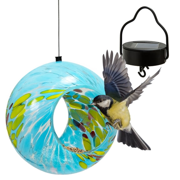 Sunnydaze Solar Glass Fly-Through Hanging Bird Feeder, 1-Cup Capacity, Spring Sky