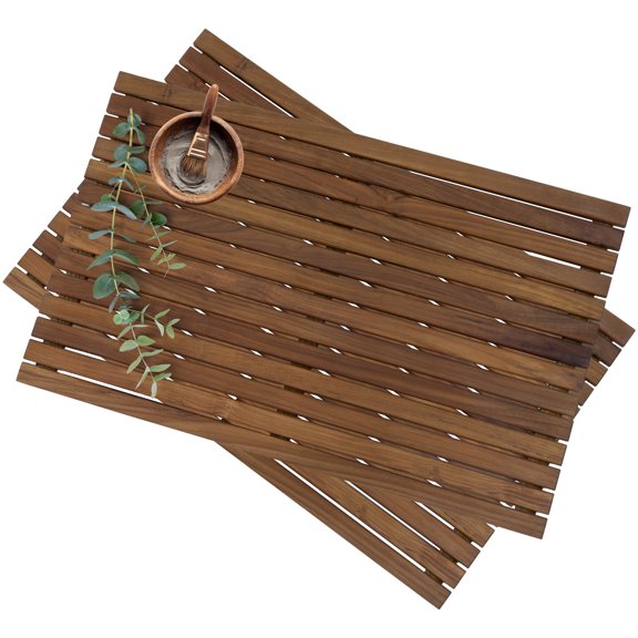 Sunnydaze Spa-Inspired Solid Teak Non-Slip Bath Mat, 19.5" x 31.5" (2 Count)