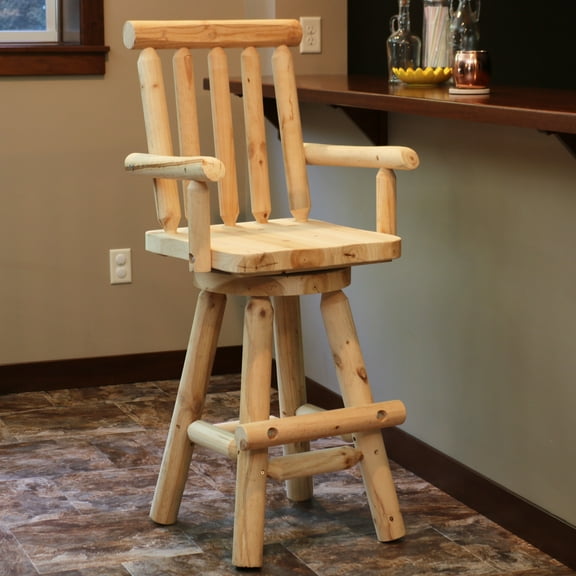 Sunnydaze Square Slat Back Rustic Log Cabin Style Bar Stool, Unfinished