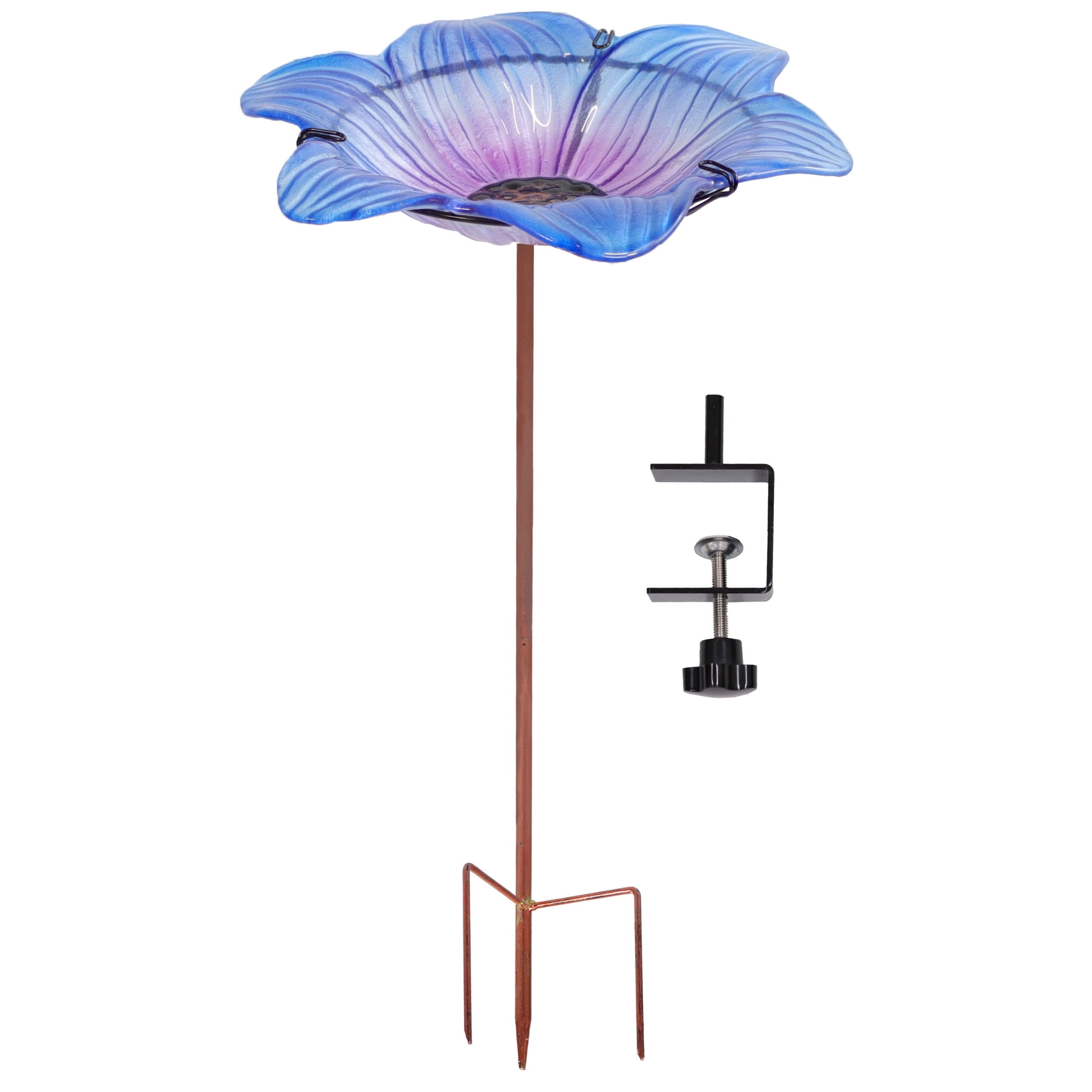 Blue Glass Flower Bird Bath with Copper Stake and Black Clamp