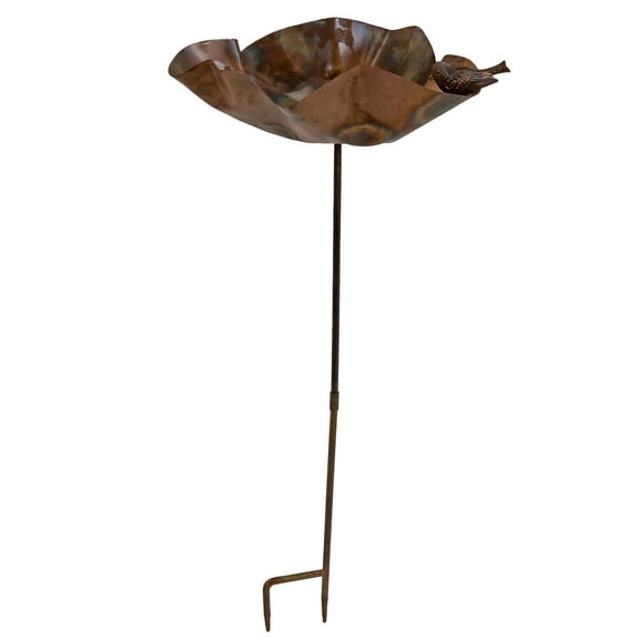 Sunnydaze Standing Staked Metal Outdoor Bird Bath with Bird Figurine, Copper Finish
