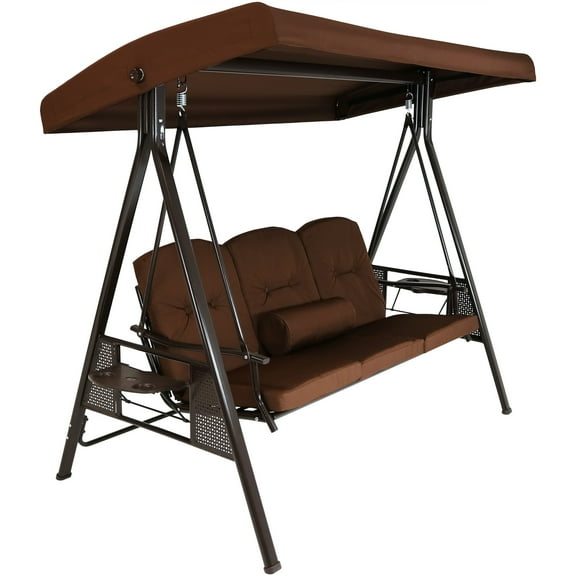 Sunnydaze Steel 3-Person Patio Swing with Adjustable Tilt Canopy and Cushions, Brown