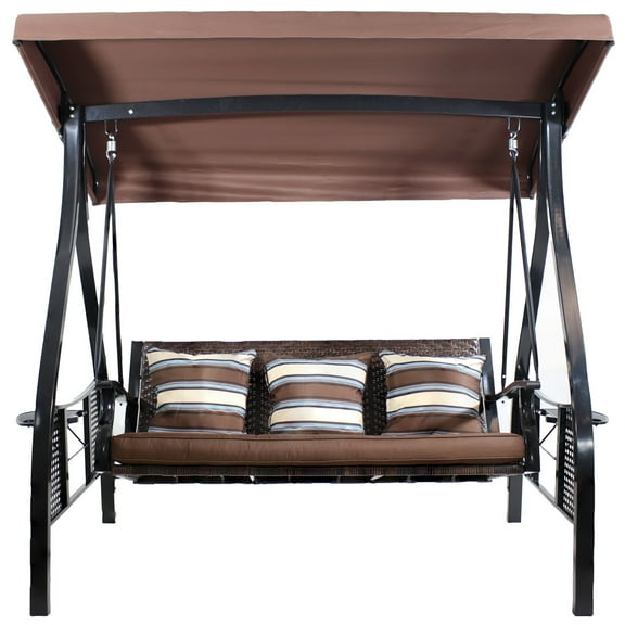 Sunnydaze Steel 3-Seat Deluxe Patio Swing with Canopy and Cushions, Brown