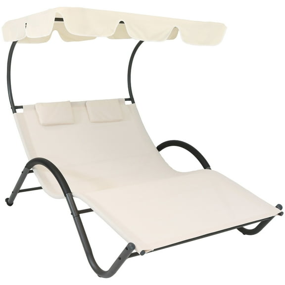 Sunnydaze Steel Outdoor Double Chaise Lounge with Canopy Shade, Beige
