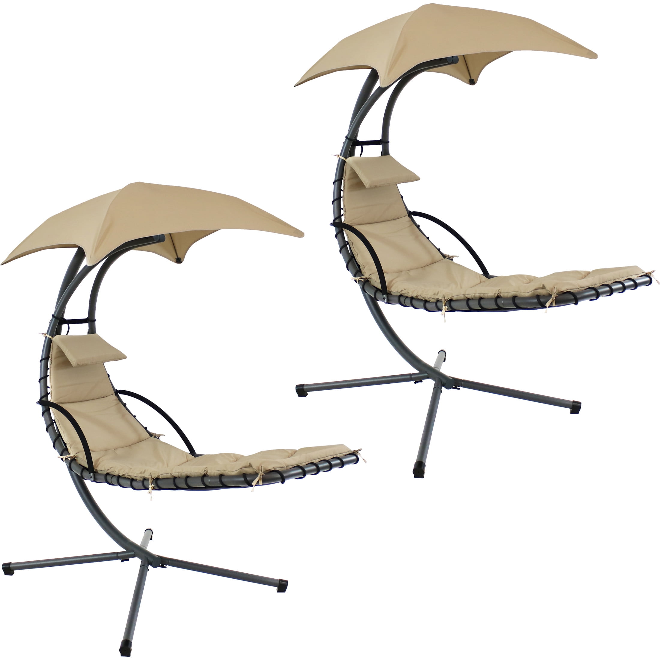 Beige Hanging Chaise Lounger with Cushions and Stand, Set of 2