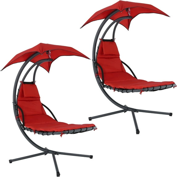 Sunnydaze Steel Outdoor Floating Chaise Lounge Chair with Stand and Canopy - Set of 2, Red
