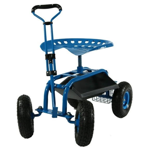Sunnydaze Steel Rolling Garden Cart Scooter with Swivel Seat and Steering Handle, Blue
