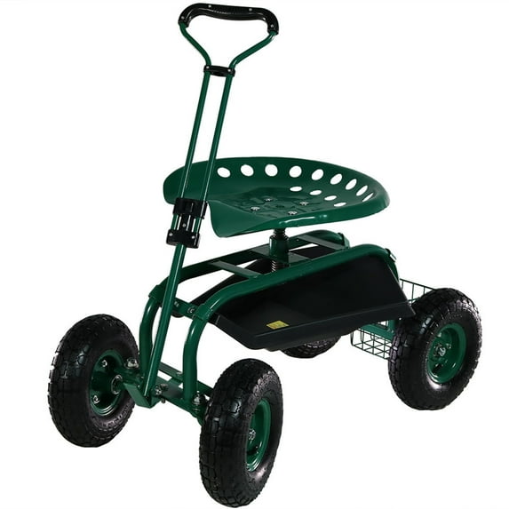 Sunnydaze Steel Rolling Garden Cart Scooter with Swivel Seat and Steering Handle, Green