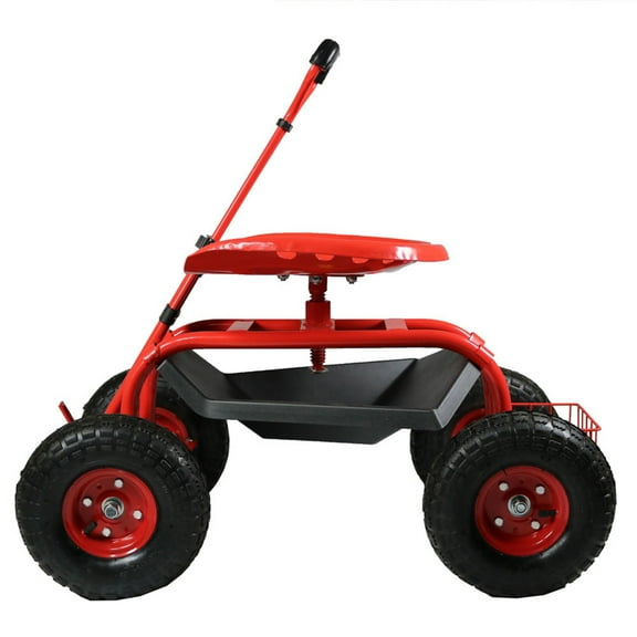 Sunnydaze Steel Rolling Garden Cart Scooter with Swivel Seat and Steering Handle, Red