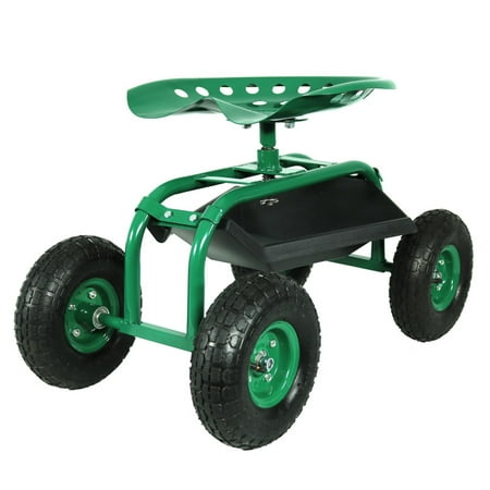 Sunnydaze Steel Rolling Garden Cart Scooter with Swivel Seat and Tool Tray, Green