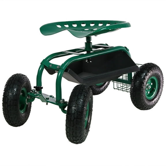 Sunnydaze Steel Rolling Garden Cart with Swivel Seat, Tool Tray, and Basket, Green