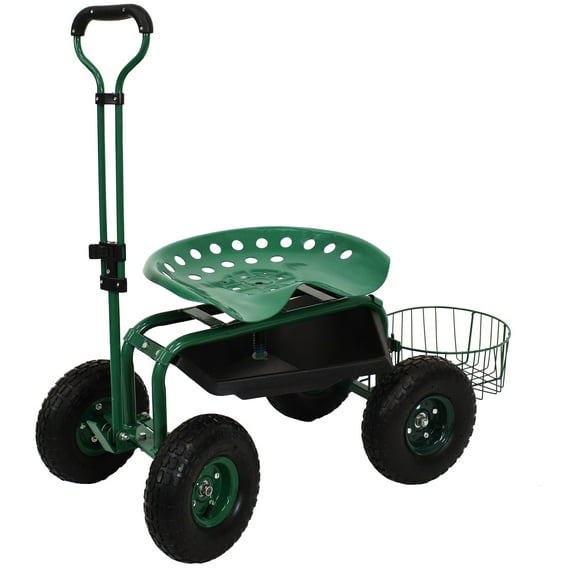 Sunnydaze Steel Rolling Garden Seat with Wheels, Swivel Seat, and Handle, Green