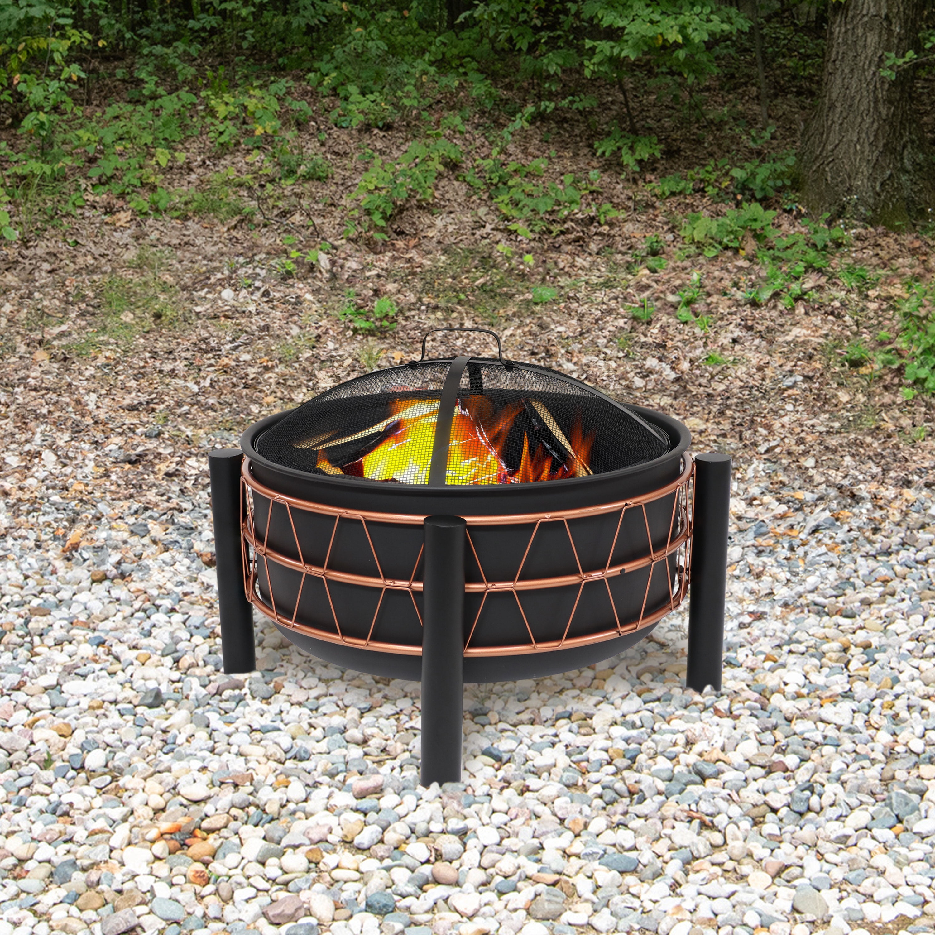 32-Inch Black Steel Fire Pit with Bronze Trapezoid Design