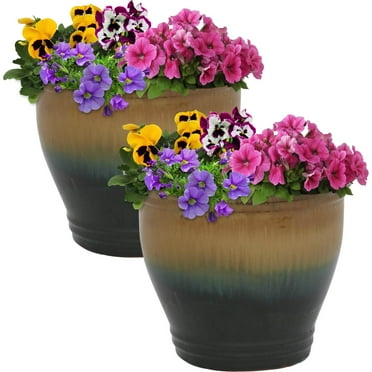 Sunnydaze Studio 11.5" x 11.5" x 10" Round Forest Green Ceramic Outdoor Planter 2-Count
