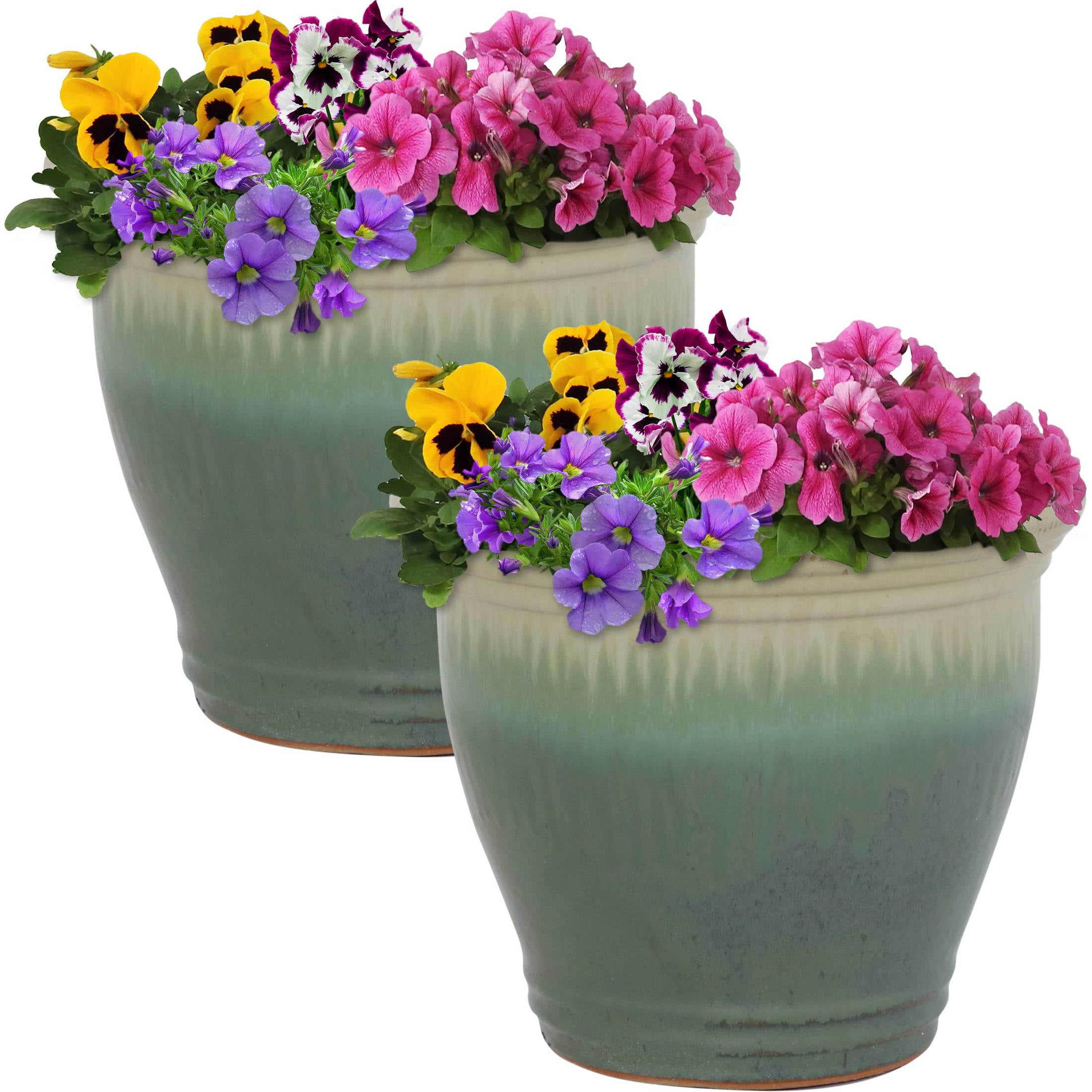 Seafoam High-Fired Glazed Ceramic Planter Duo with Drainage, 11-Inch