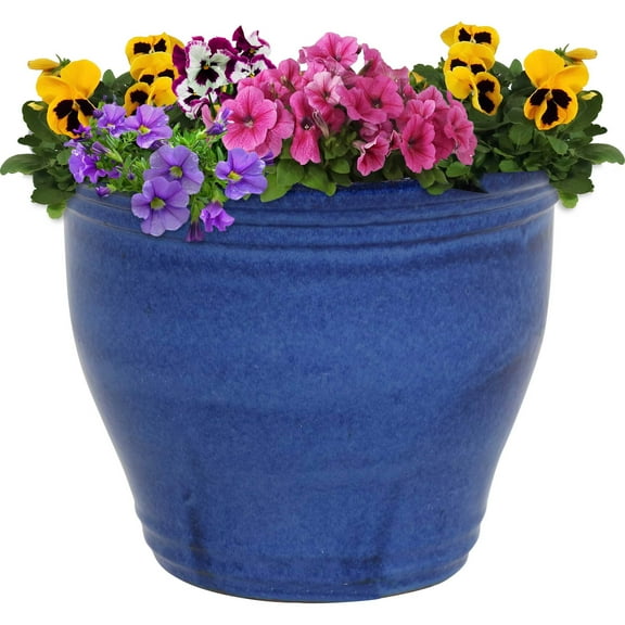 Sunnydaze Studio 15" x 15" x 12.5" Round Imperial Blue Ceramic Outdoor Planter