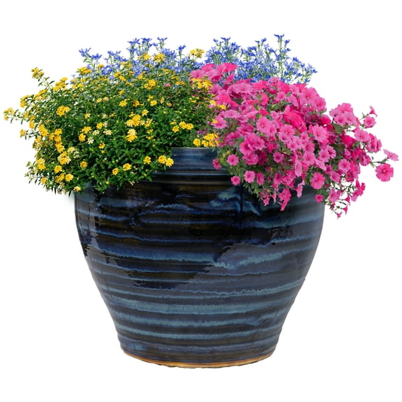 Sunnydaze Studio 18.5" x 18.5" x 15" Round Galaxy Blue Ceramic Outdoor Planter