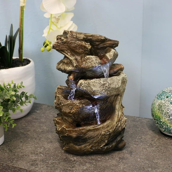 Sunnydaze Tiered Rock & Log Indoor Waterfall Fountain with LED Lights - 10"