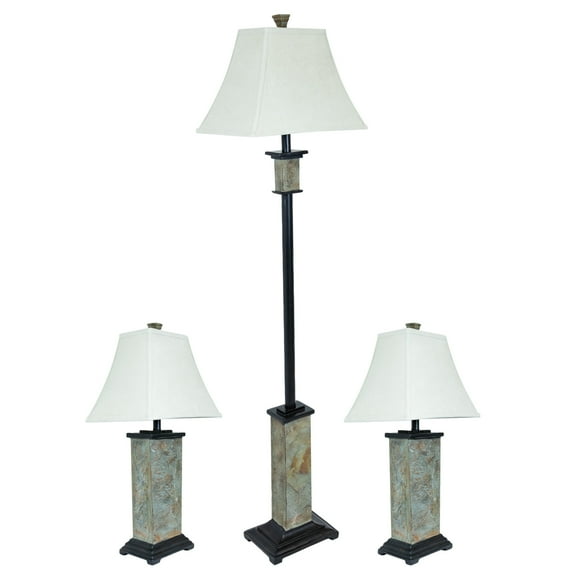 Sunnydaze Timeless Abode 3-Piece Floor and Table Lamp Set, Gray Slate with White Shade